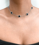 Conjunto Colar 5 Trevos Onix 45cm + Pulseira 1 Trevo