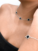 Conjunto Colar 5 Trevos Onix 45cm + Pulseira 1 Trevo