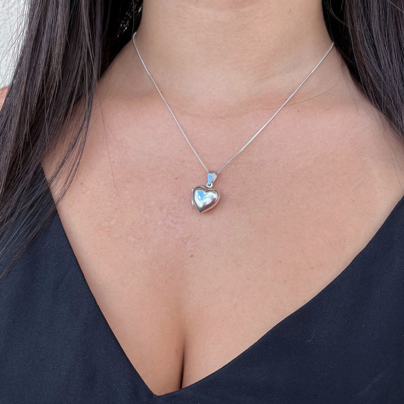 Colar Feminino 45cm + Pingente Personalizado Relicário Coração Liso [Prata 925]