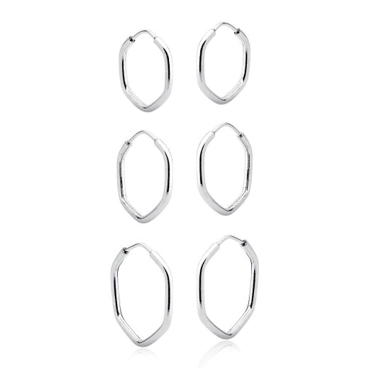 Trio De Brincos Argola Hexágono [Prata 925]