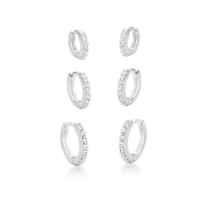 Trio De Brincos Argola Cravejada [Prata 925]